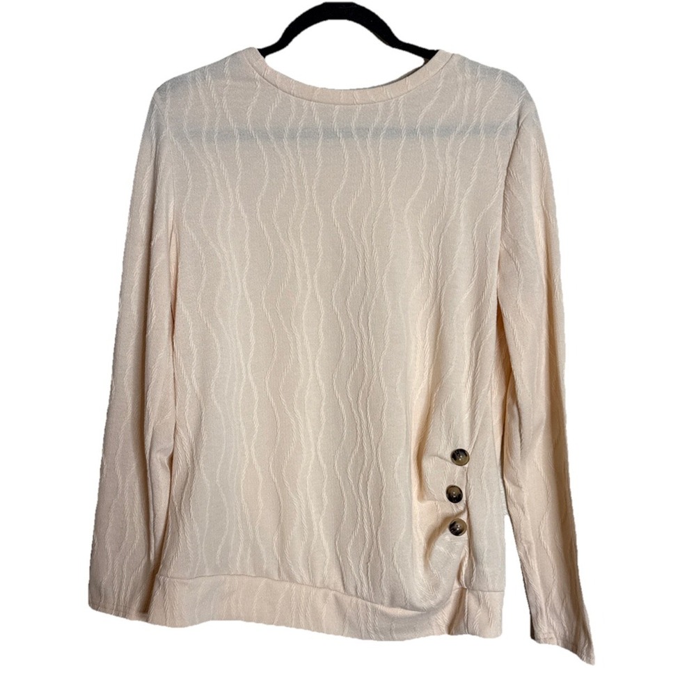 Womens Large Peach Textured Sweatshirt Top Side Buttons Long Sleeve Preppy